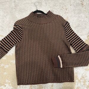 We The Free Brown Patterned Turtleneck Sweater with Striped Sleeves